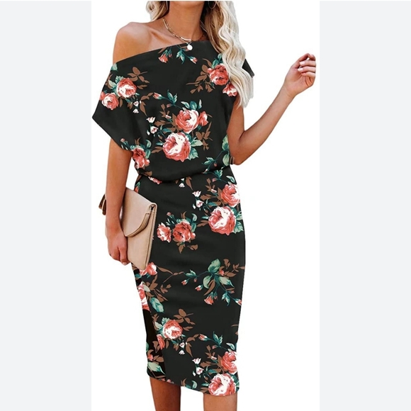 Dresses & Skirts - Women's Off The Shoulder Short Sleeve Ribbed Casual Party Bodycon Midi D